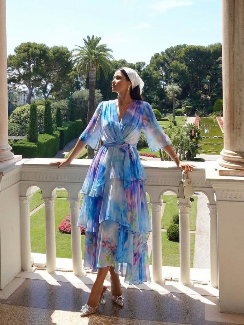 Robe Longue Femme avec Col en V et Taille Ajustable Lucyle