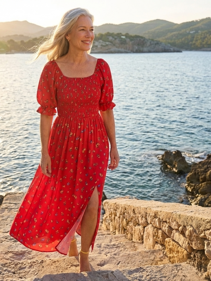 Robe Midi Femme avec Col Carré et Manches Bouffantes Lucyle