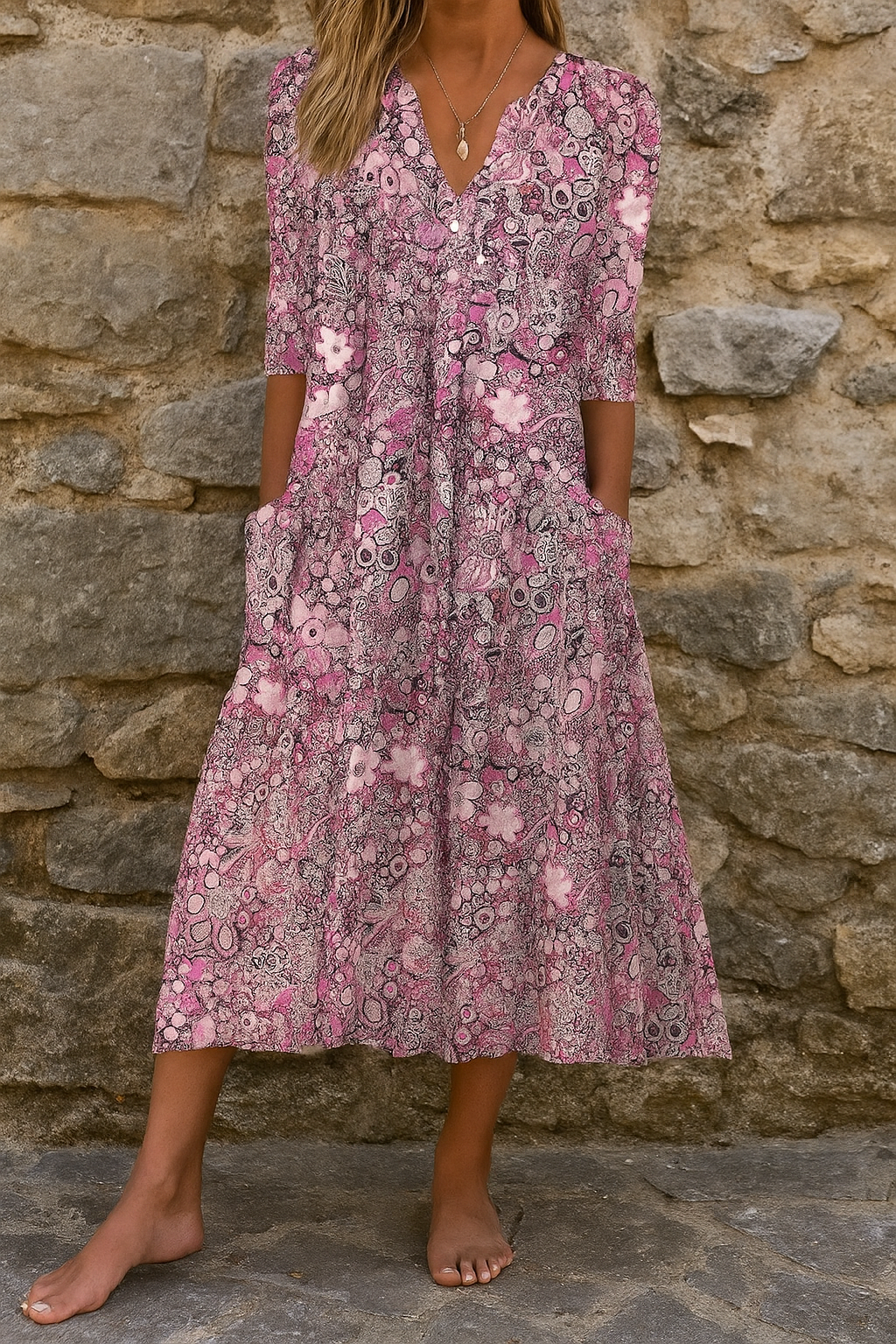 Robe Midi Femme avec Col en V Imprimée Lucyle