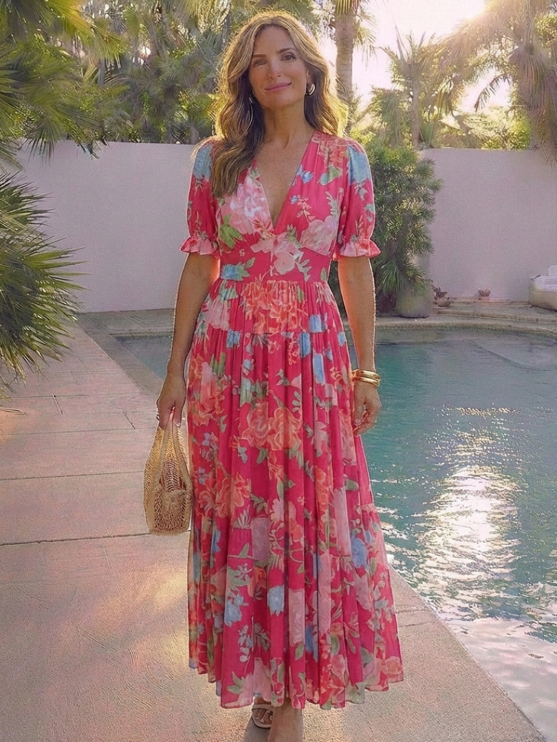 Robe Midi Femme avec Col en V et Taille Froncée Lucyle