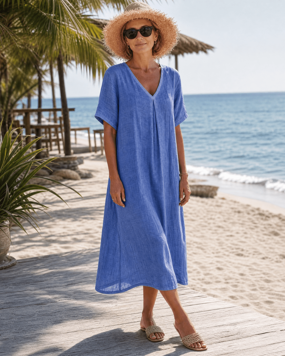 Robe Midi Femme avec Détail Plissé et Col en V Lucyle