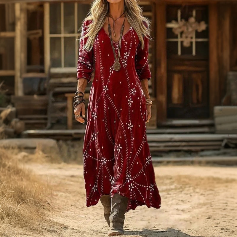 Robe Vintage Femme avec Col en V et Manches Longues Lucyle