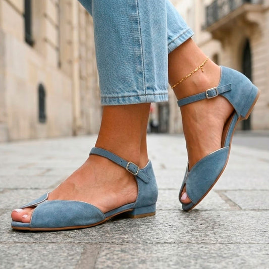 Sandales Plates Femme Bout Pointu avec Bride de Cheville Lucyle Bleu
