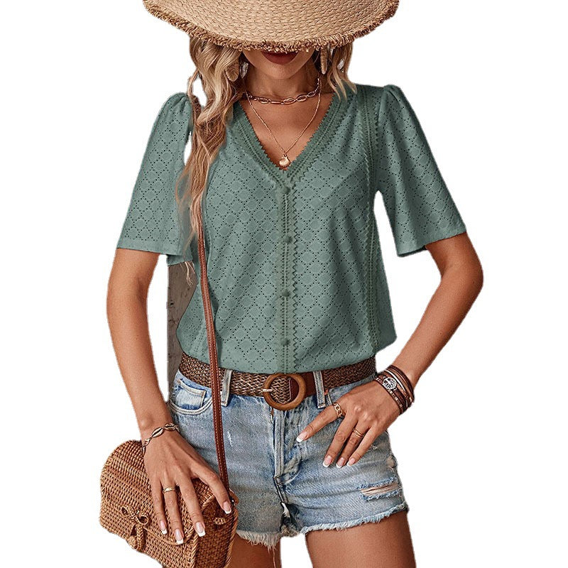 Blouse Femme avec Col en V et Motif Ajouré Lucyle