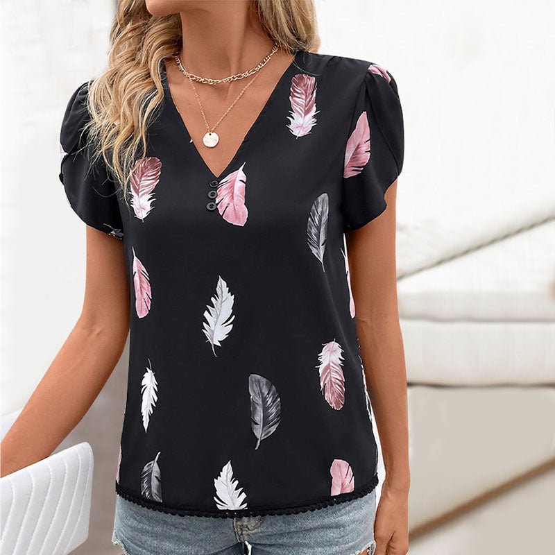 Blouse Femme avec Col en V et Motif Plumes Lucyle
