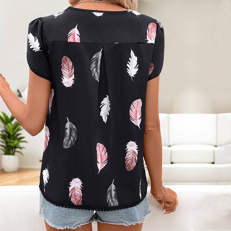 Blouse Femme avec Col en V et Motif Plumes Lucyle