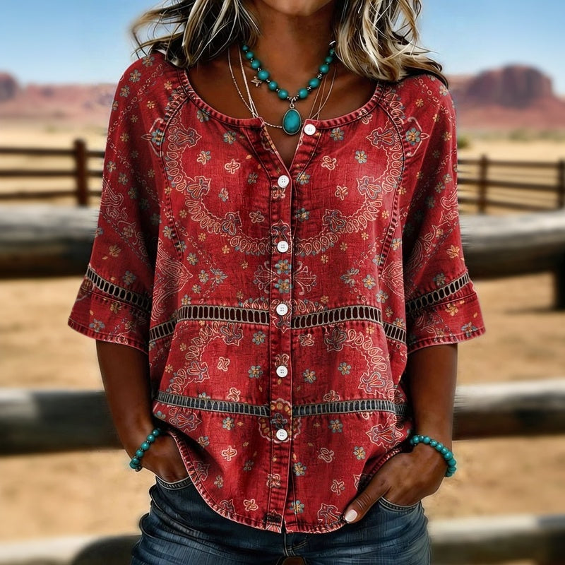 Blouse Femme avec Imprimé Ethnique et Col en V Lucyle