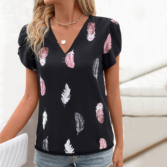 Blouse Femme avec Motif Plumes et Col en V Lucyle