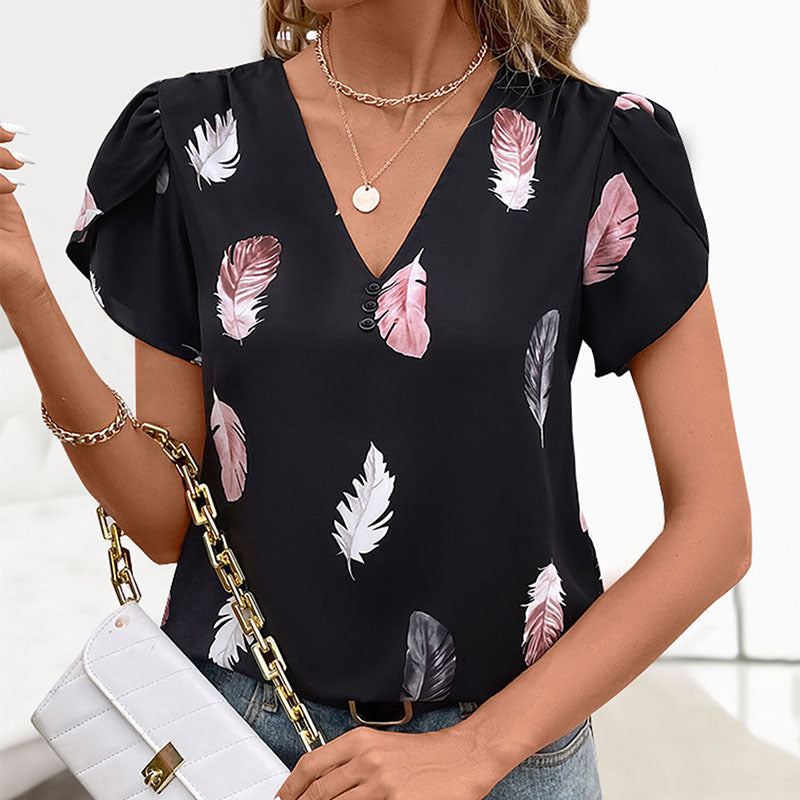 Blouse Femme avec Motif Plumes et Col en V Lucyle