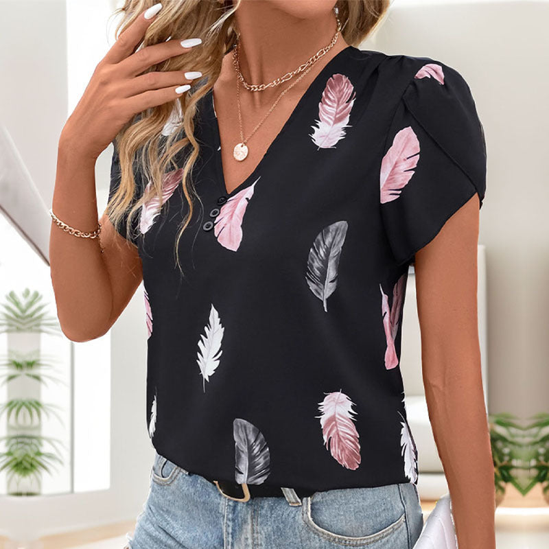 Blouse Femme avec Motif Plumes et Col en V Lucyle