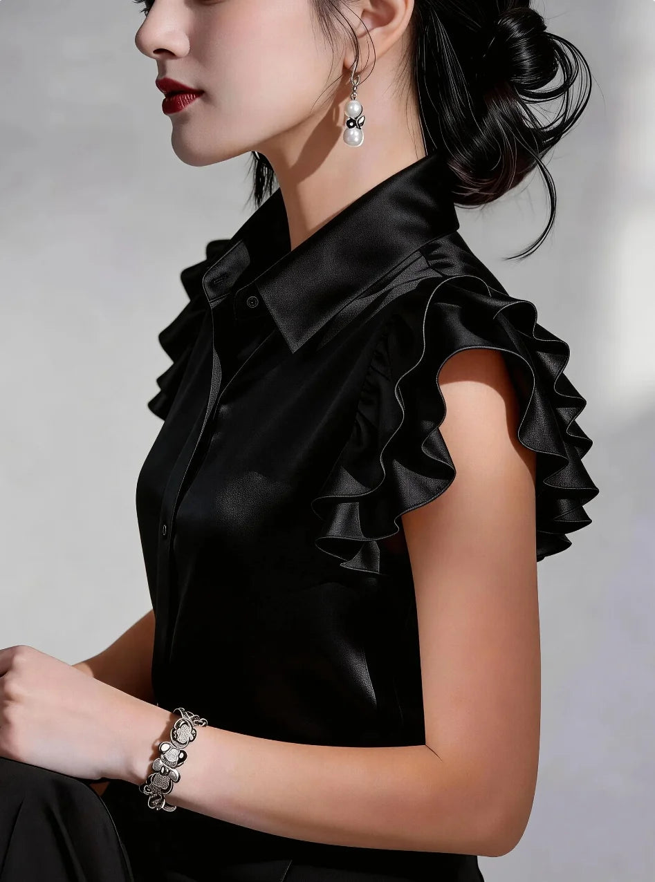 Chemise Femme avec Manches à Volants en Satin Lucyle
