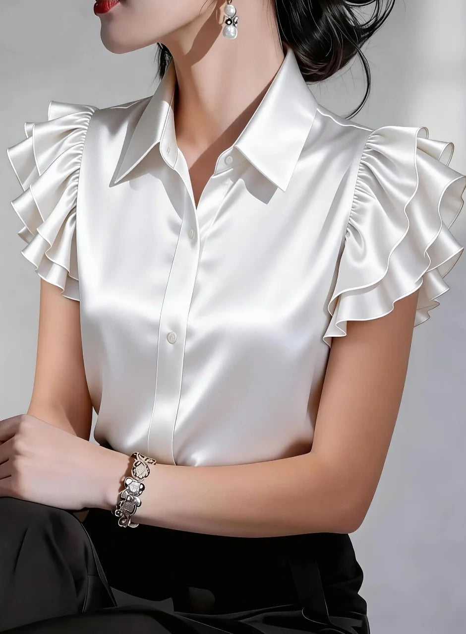 Chemise Femme avec Manches à Volants en Satin Lucyle