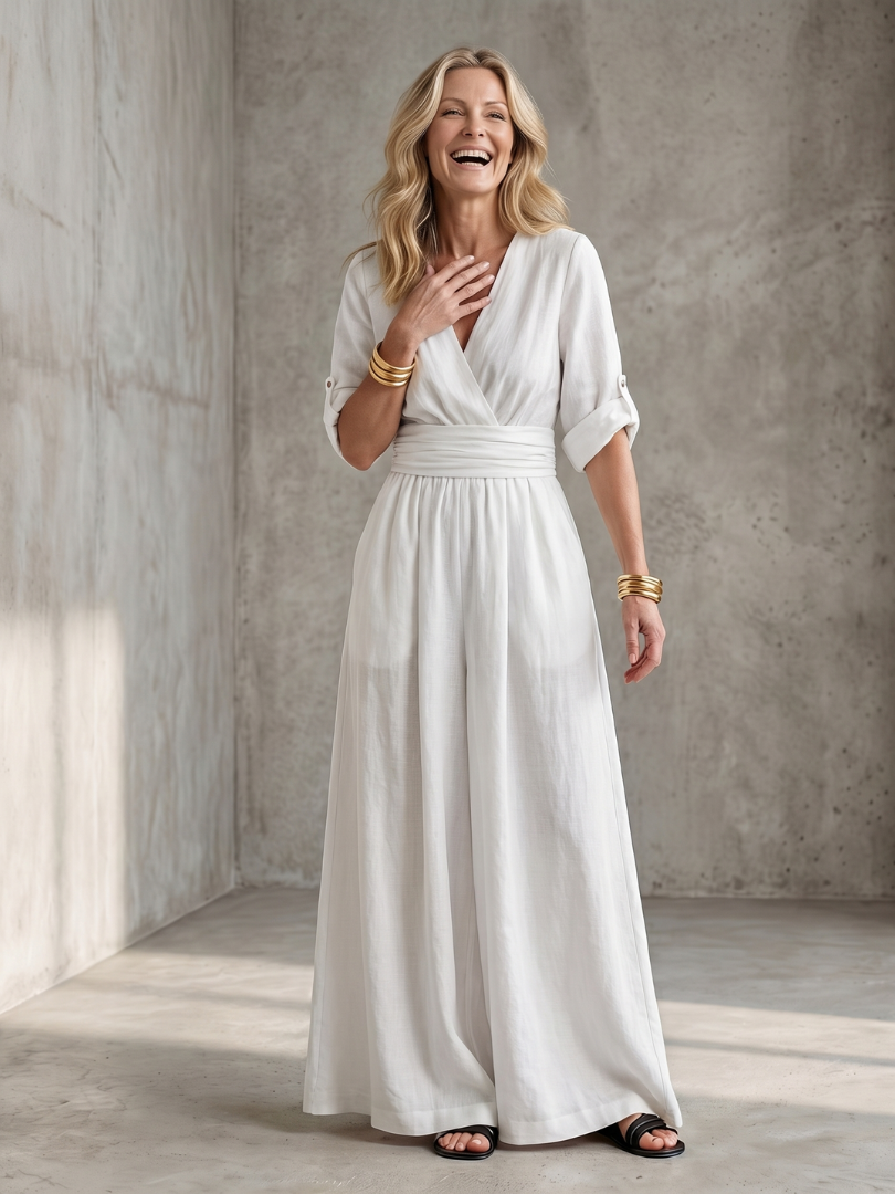 Combinaison Femme Chic à Jambes Larges avec Corsage Croisé Lucyle