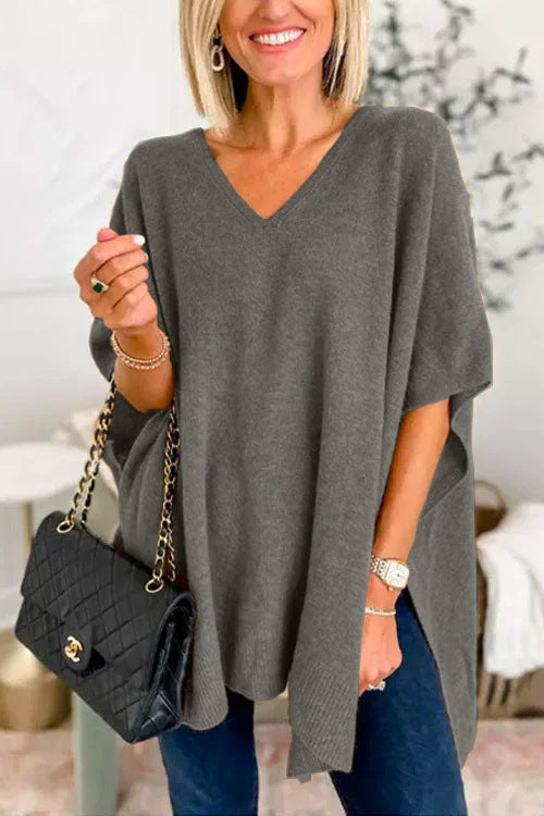 Poncho Femme Oversize avec Col V en Tricot Lucyle