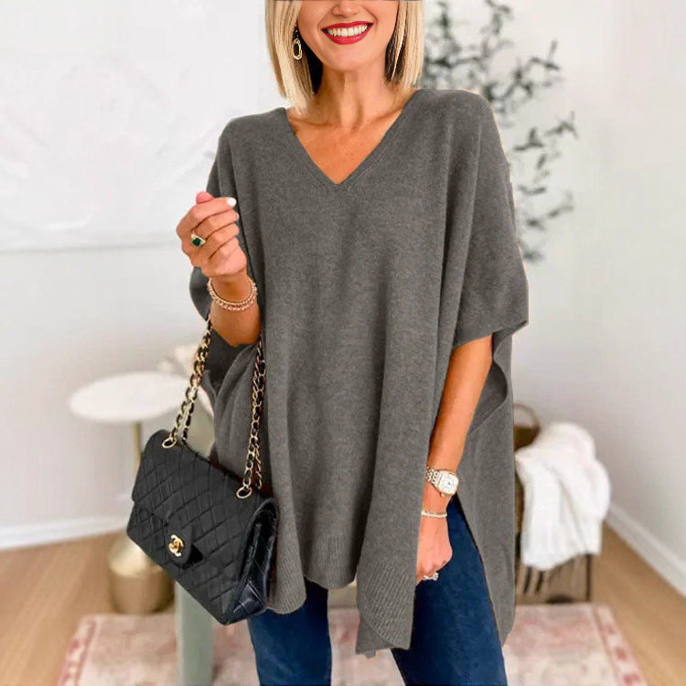 Poncho Femme Oversize avec Col V en Tricot Lucyle