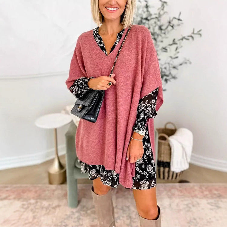 Poncho Femme Oversize avec Col V en Tricot Lucyle