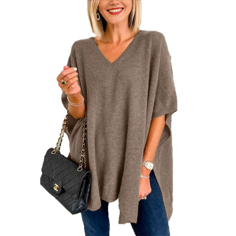 Poncho Femme Oversize avec Col V en Tricot Lucyle