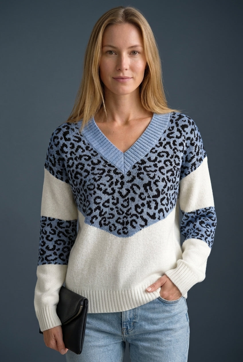 Pull Femme à Col V avec Imprimé Léopard Lucyle