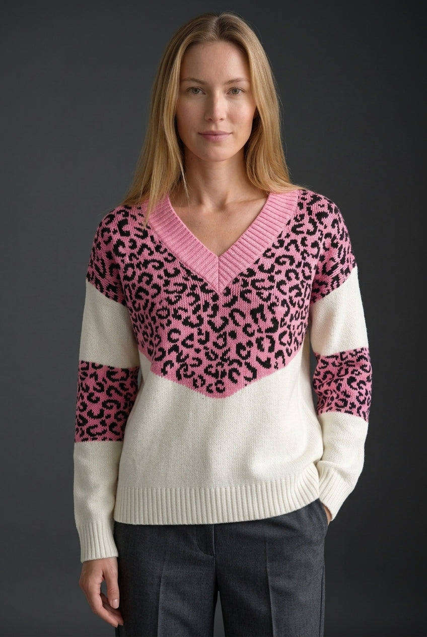 Pull Femme à Col V avec Imprimé Léopard Lucyle