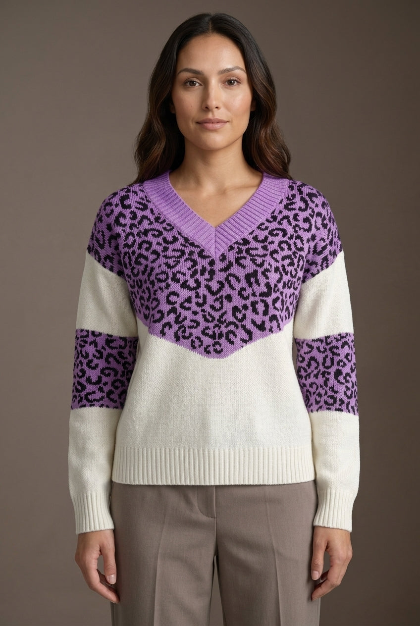Pull Femme à Col V avec Imprimé Léopard Lucyle