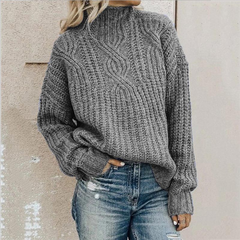 Pull Tricot Femme Col Montant avec Bordures Côtelées Lucyle
