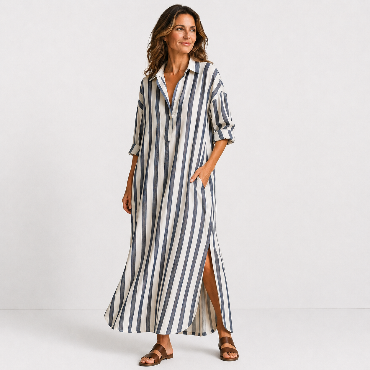Robe Chemise Longue Femme avec Col en V Lucyle