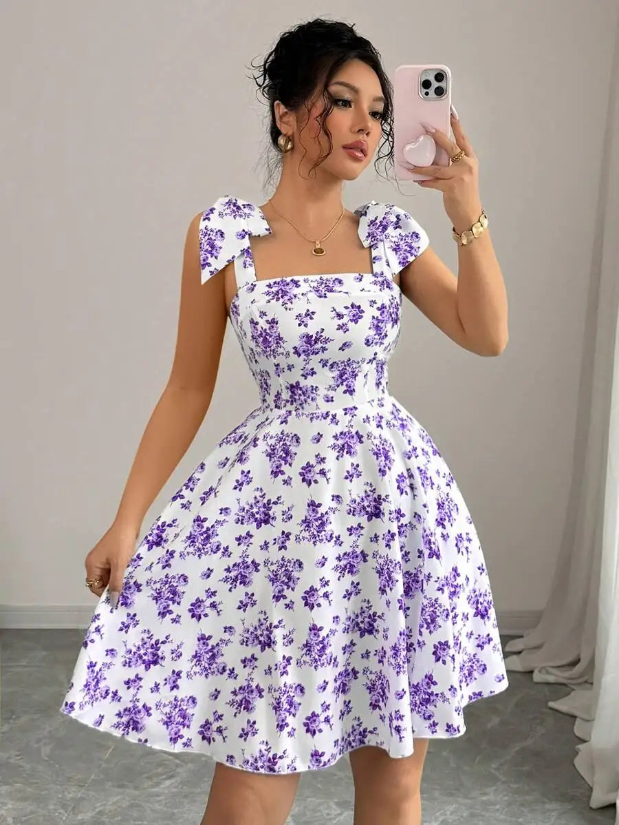 Robe Femme avec Nœud à Fleurs et Épaules Dénudées Lucyle