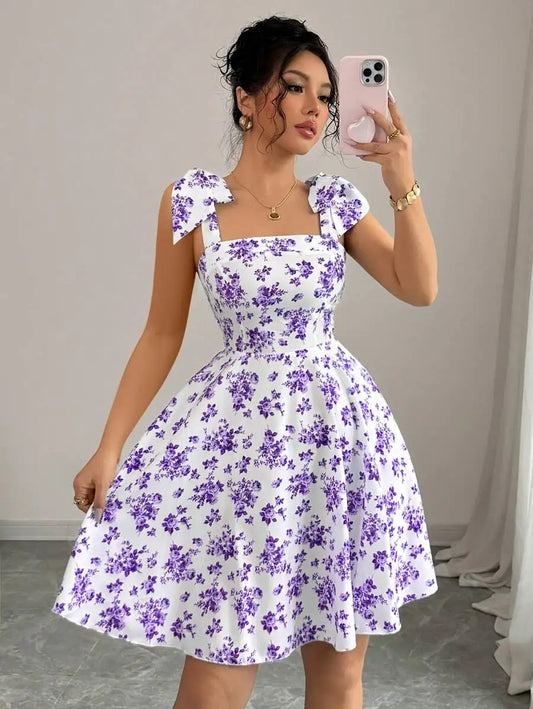 Robe Femme avec Nœud à Fleurs et Épaules Dénudées Lucyle