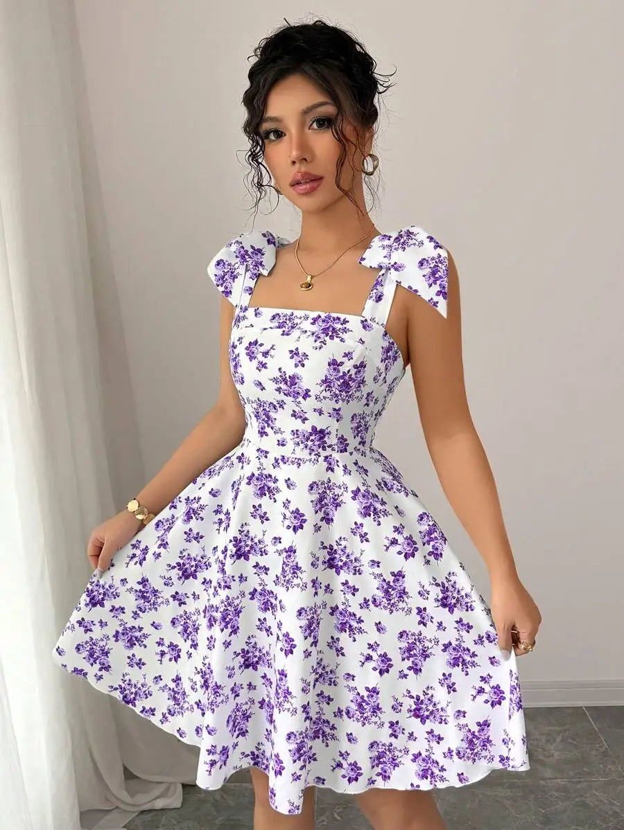 Robe Femme avec Nœud à Fleurs et Épaules Dénudées Lucyle