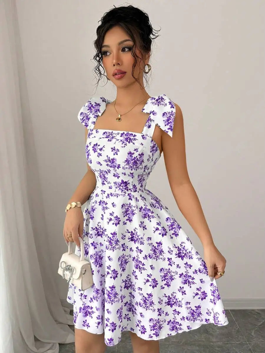 Robe Femme avec Nœud à Fleurs et Épaules Dénudées Lucyle