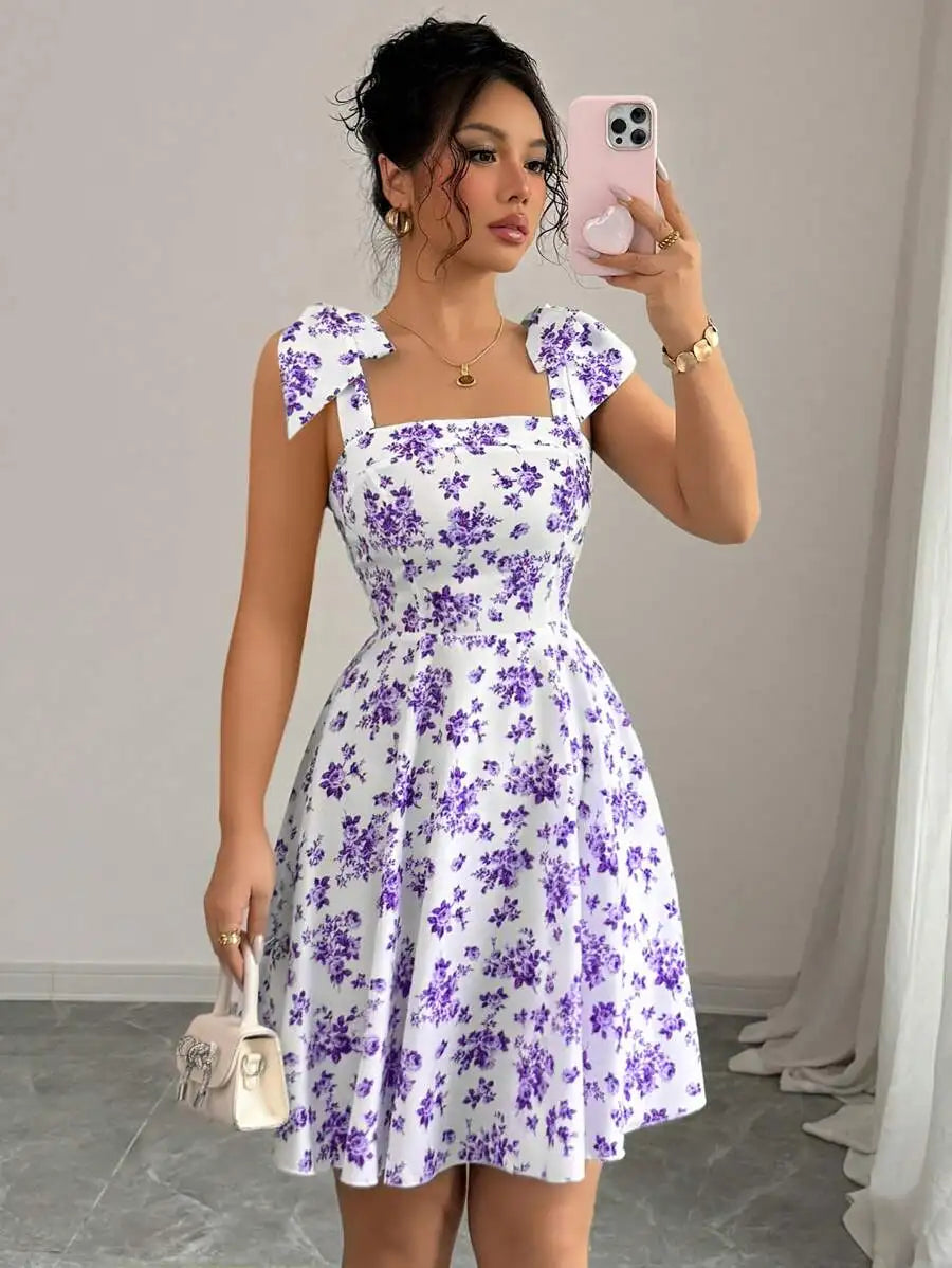 Robe Femme avec Nœud à Fleurs et Épaules Dénudées Lucyle