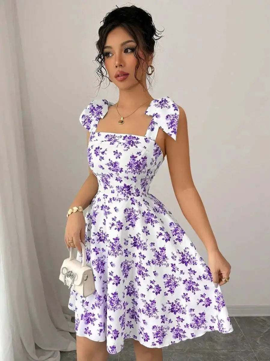 Robe Femme avec Nœud à Fleurs et Épaules Dénudées Lucyle