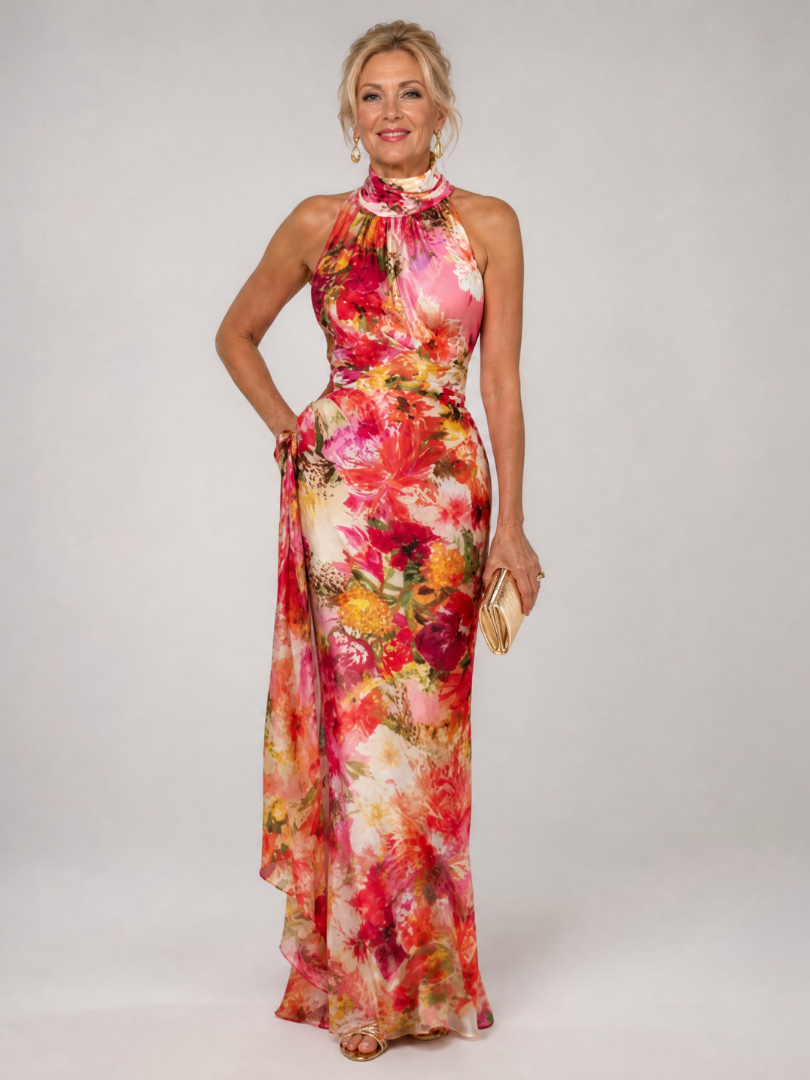 Robe Longue Femme Imprimé Fleuri avec Col Licou Lucyle