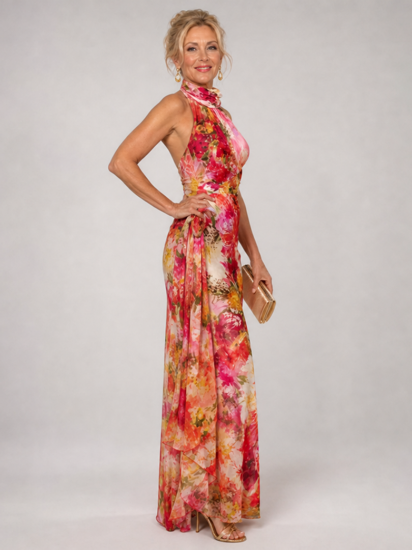 Robe Longue Femme Imprimé Fleuri avec Col Licou Lucyle
