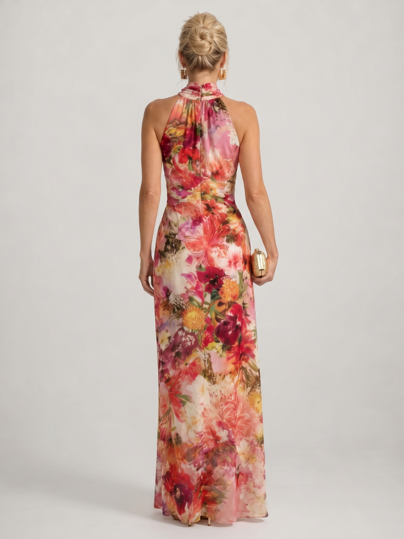 Robe Longue Femme Imprimé Fleuri avec Col Licou Lucyle