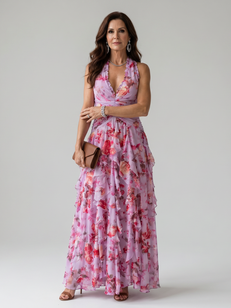 Robe Longue Femme Maxi avec Col Licou et Jupe Superposée Lucyle