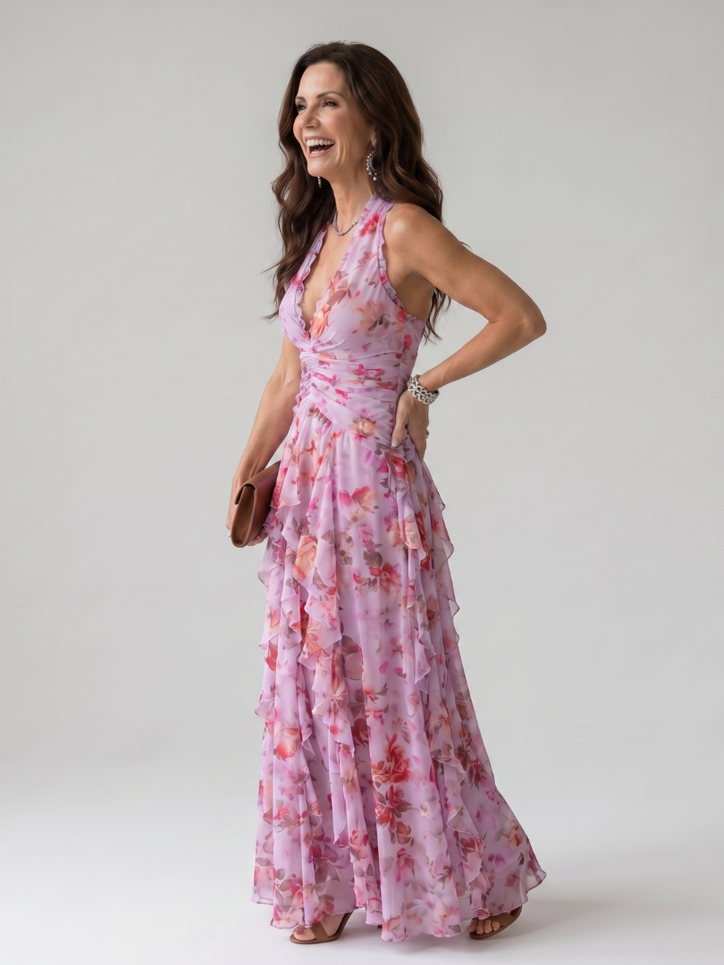 Robe Longue Femme Maxi avec Col Licou et Jupe Superposée Lucyle