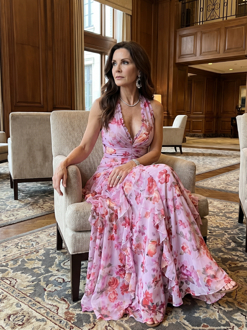 Robe Longue Femme Maxi avec Col Licou et Jupe Superposée Lucyle