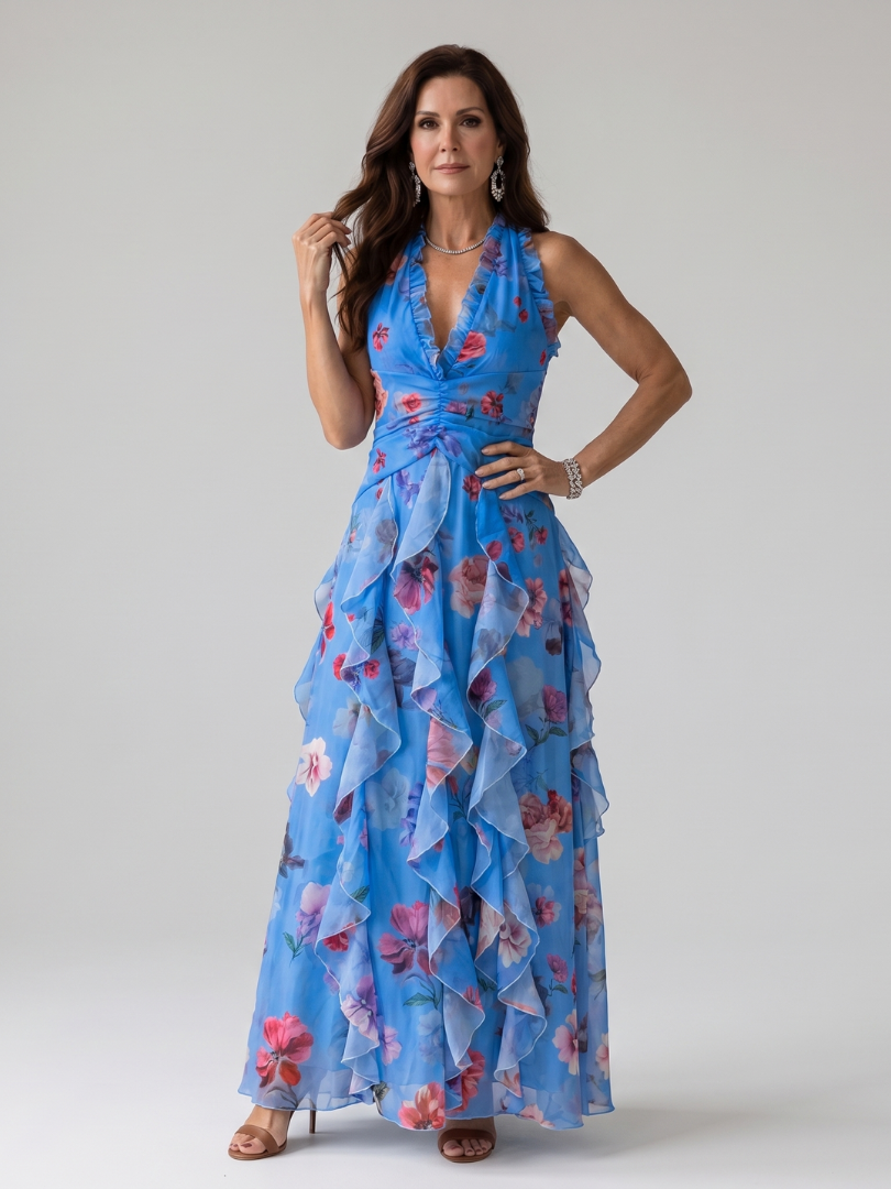 Robe Longue Femme Maxi avec Col Licou et Jupe Superposée Lucyle