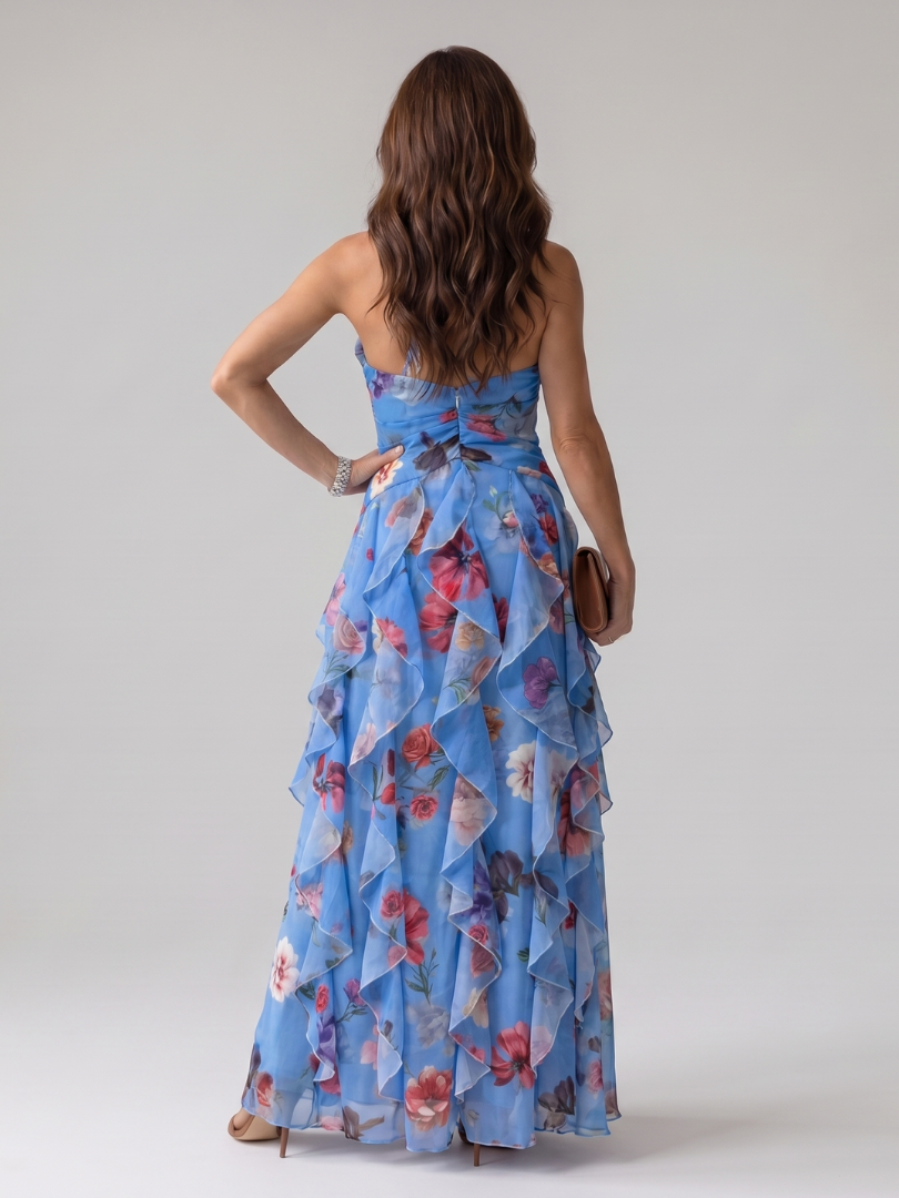 Robe Longue Femme Maxi avec Col Licou et Jupe Superposée Lucyle