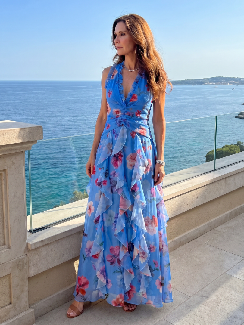 Robe Longue Femme Maxi avec Col Licou et Jupe Superposée Lucyle