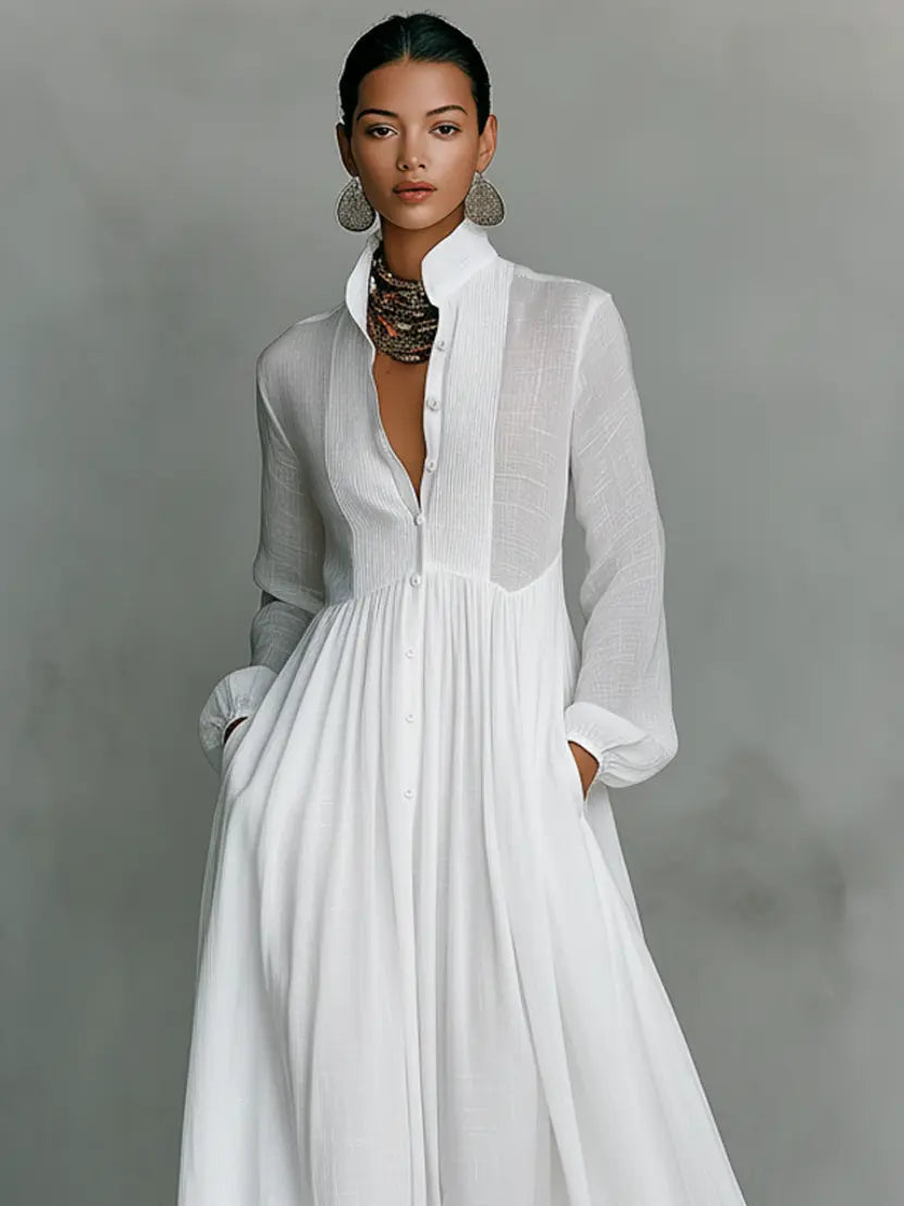 Robe Longue Femme avec Col Mao et Manches Longues Lucyle