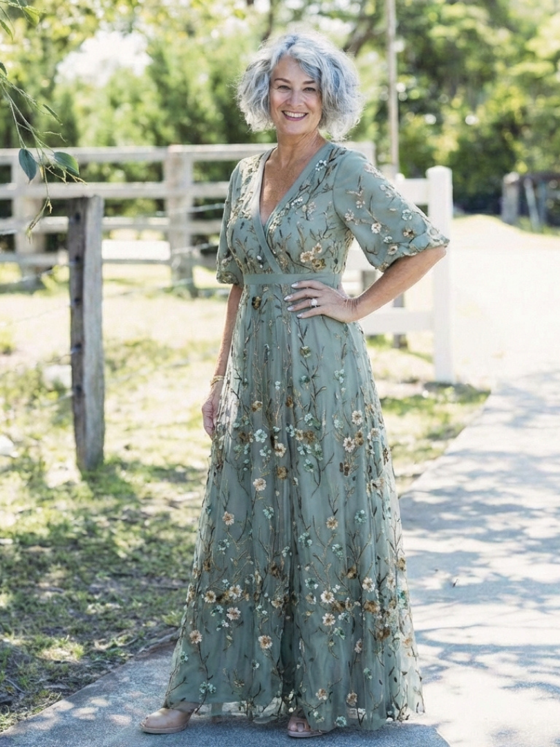 Robe Longue Femme avec Décolleté en V et Manches Transparentes Lucyle