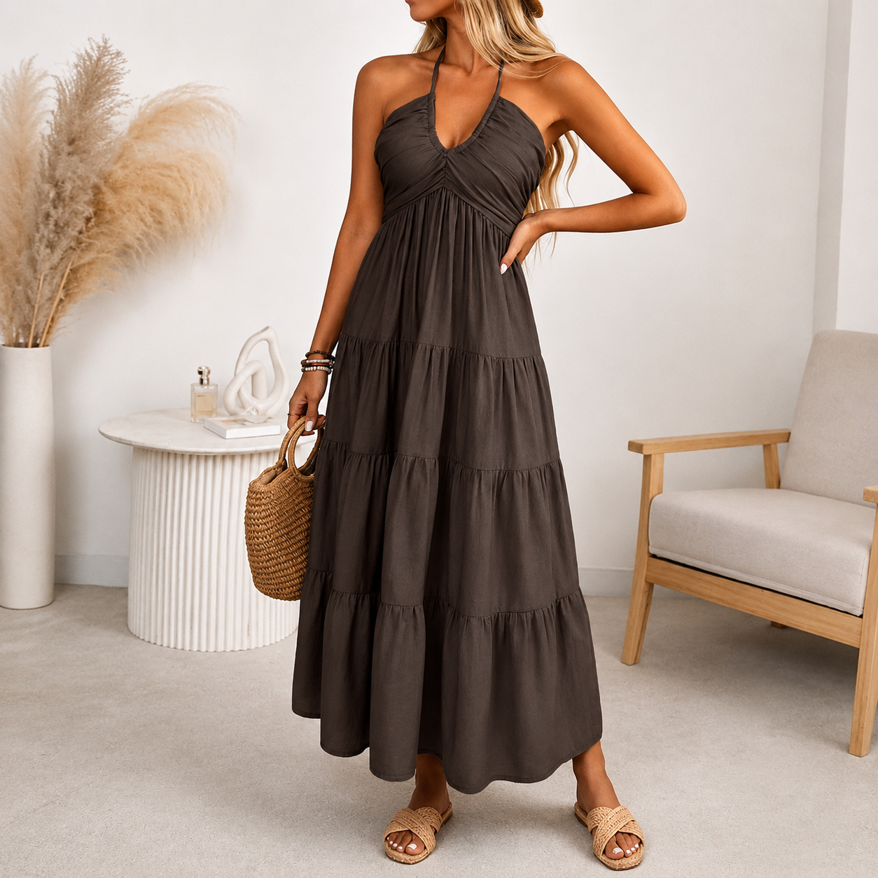Robe Longue Femme avec Dos Nu et Tissu Fluide Lucyle
