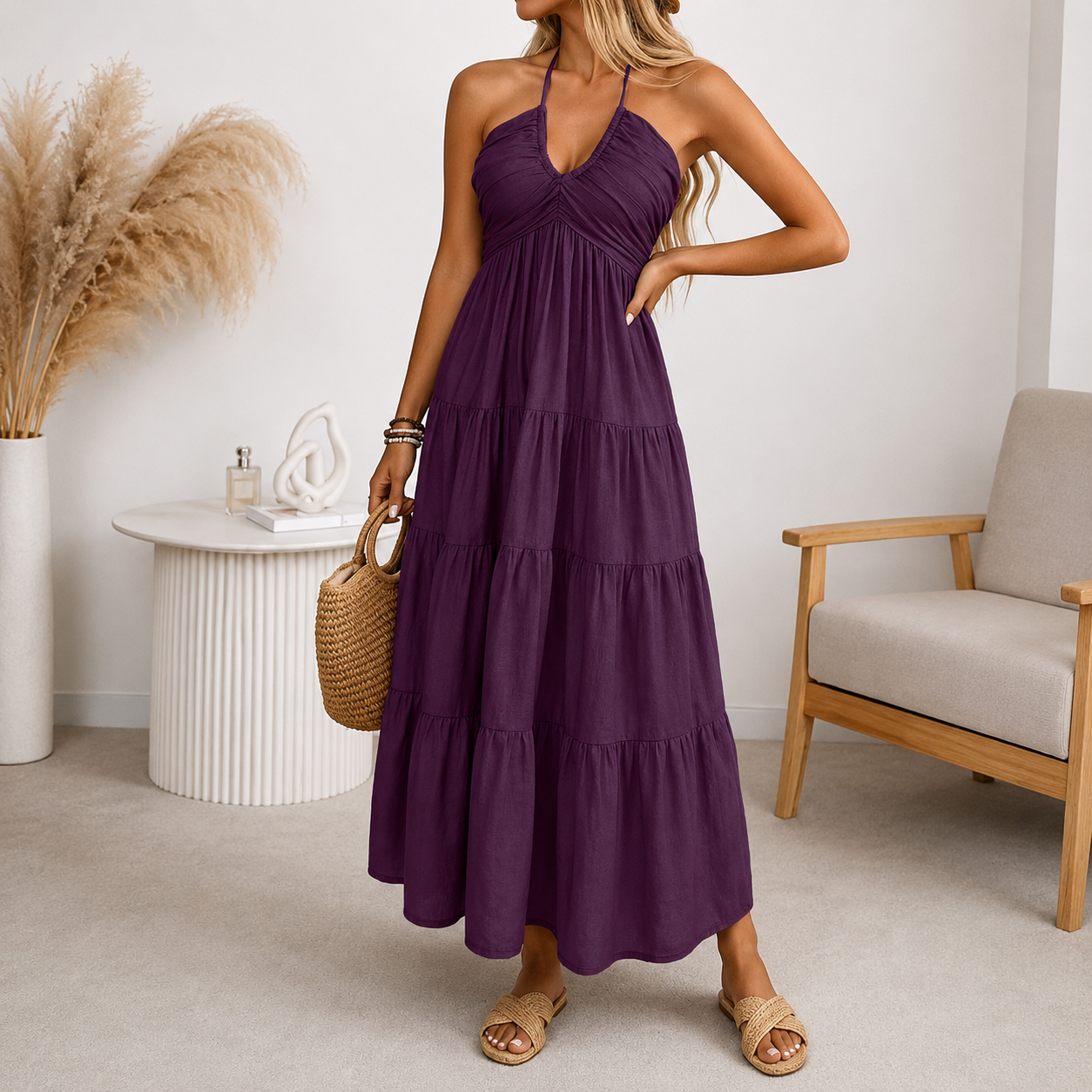 Robe Longue Femme avec Dos Nu et Tissu Fluide Lucyle