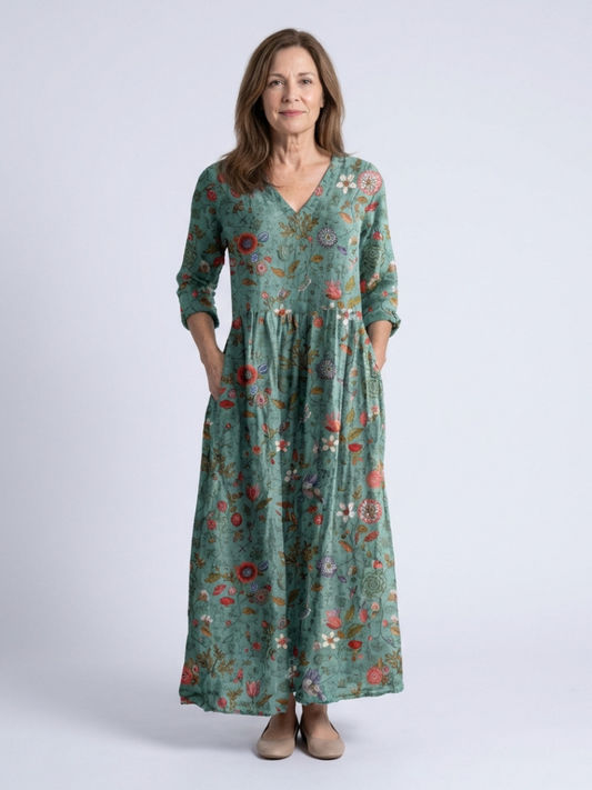 Robe Longue Femme avec Imprimé Floral et Col en V Lucyle
