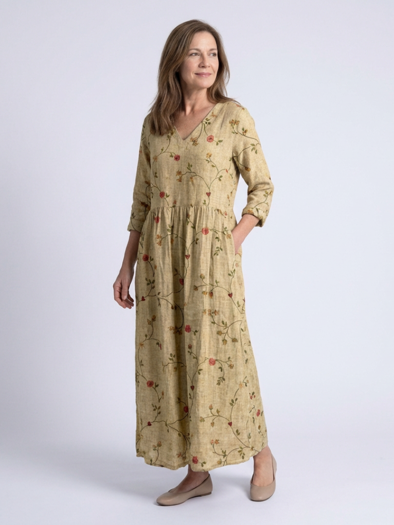Robe Longue Femme avec Imprimé Floral et Col en V Lucyle