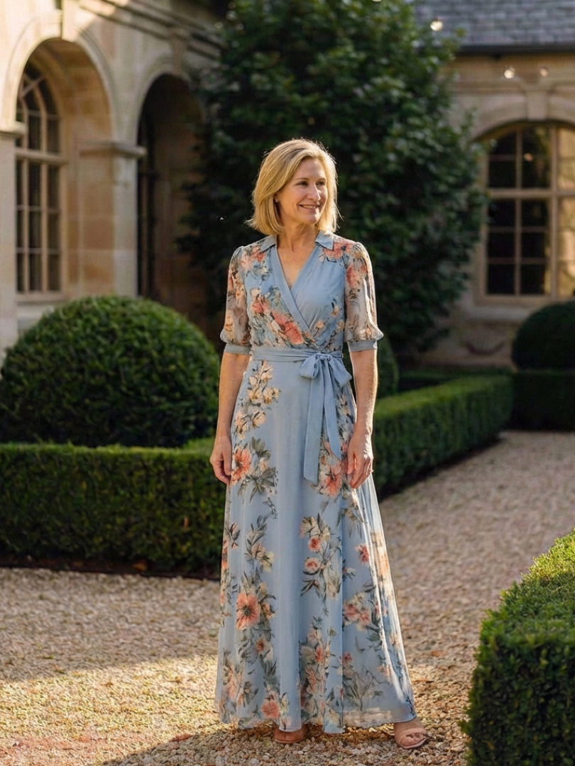 Robe Longue Femme avec Imprimé Floral et Col en V Lucyle