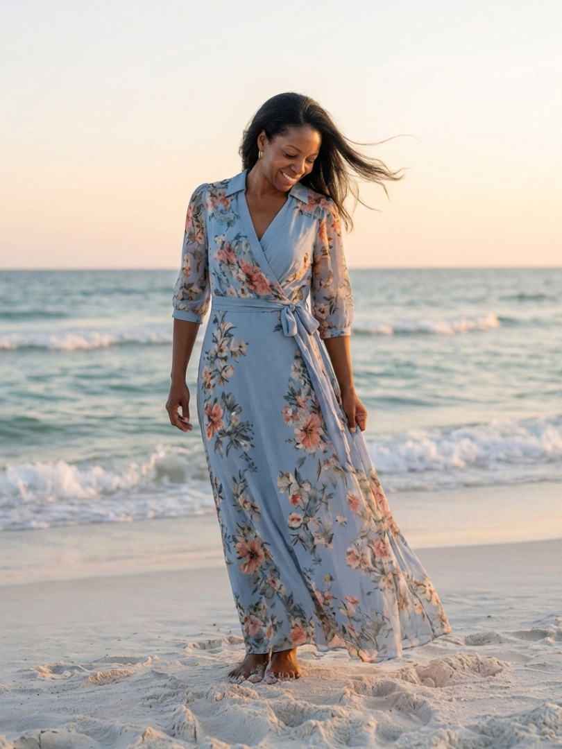 Robe Longue Femme avec Imprimé Floral et Col en V Lucyle
