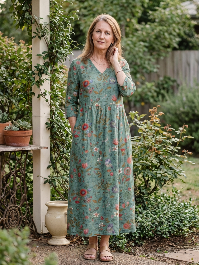 Robe Longue Femme avec Imprimé Floral et Col en V Lucyle